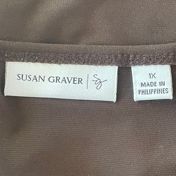Susan Graver Chocolate Brown Liquid Knit Top Sz 1X Long Sleeve VNeck Fall Casual - Picture 5 of 6